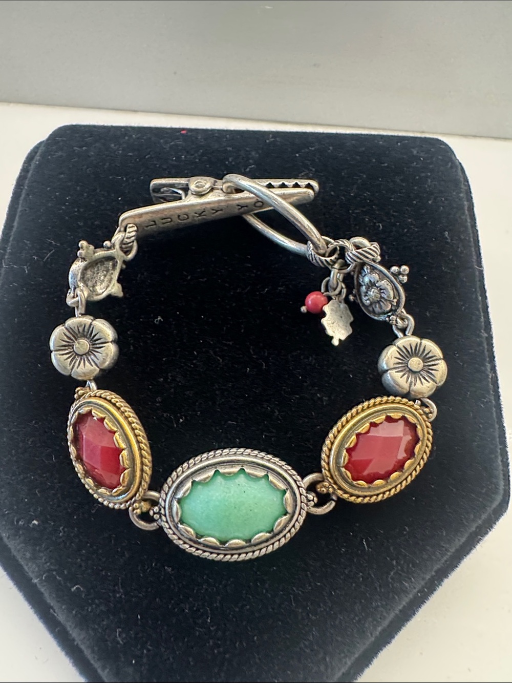Lucky Brand Silver Bracelet with Green Center and Red Accents